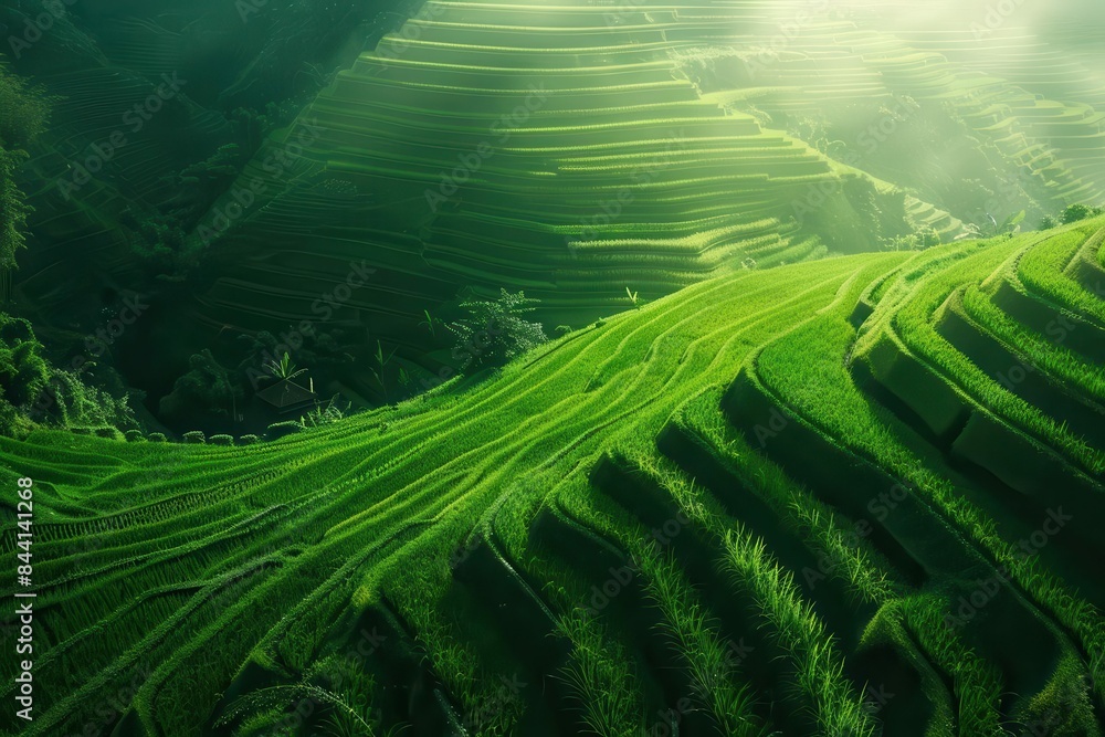 lush green rice terraces cascading in morning light serene agricultural landscape