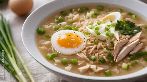 Chicken porridge with shredded chicken, boiled egg, cakwe, and spring onions, drizzled with savory chicken broth