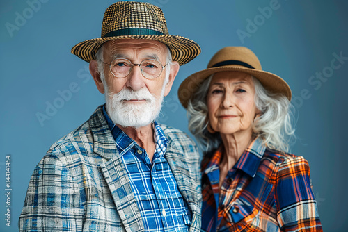 Elderly couple smiles slightly against a blue background © IntDyz