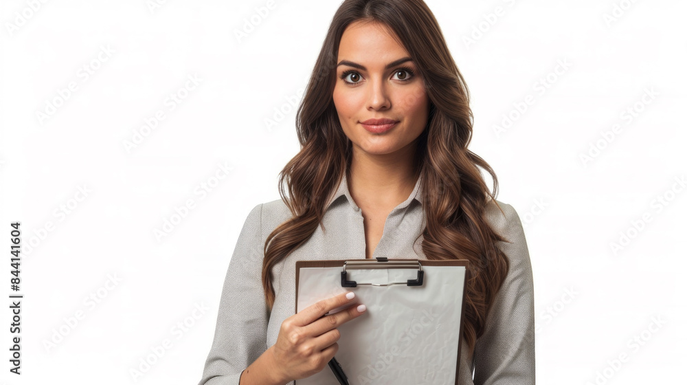 Confident young businesswoman holding clipboard isolated on white background Confident young businesswoman holding clipboard isolated on white background