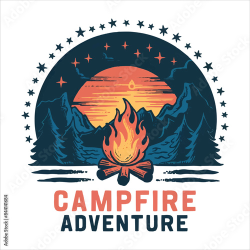 T-Shirt Design: Campfire Adventure Outdoor Hill and Moonlit Night Illustration