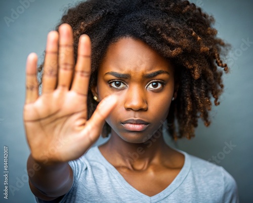 person, Young African American woman making hand stop denial gesture, saying no violence, abuse, abortion, showing palm, expressing prohibition, refusal, fighting against discrimination, bullying. Clo © Fernando Sanso