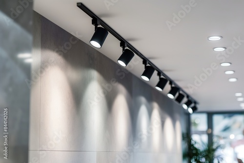 Lighting equipment on the wall in the living room. Spotlights under the ceiling. Track LED-lighting system