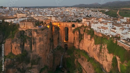 Aerial view of the Ronda medieval town at night, Andalusia, Spain