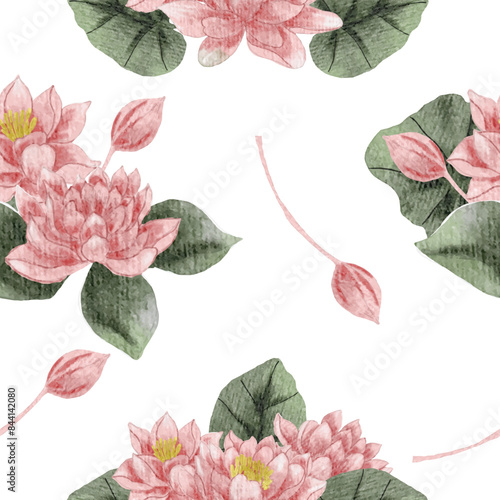 Pink Water Lily Watercolor Flower Seamless Pattern
