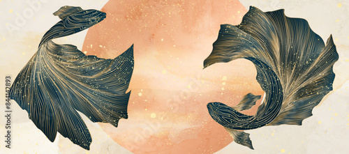 Luxury art background with koi fish in golden line style against the sun. Animal hand drawn banner for decor, print, wallpaper, textile, interior design, poster, invitations, fabric.