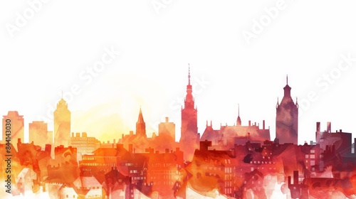 Vibrant watercolor city skyline at sunrise. Colorful urban landscape illustration with iconic landmarks, buildings, and sunny background.
