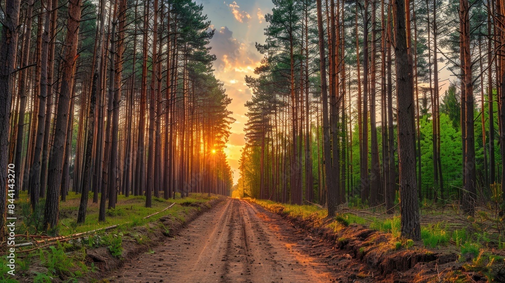 Obraz premium pine tree forest when sunset beautiful view landscape