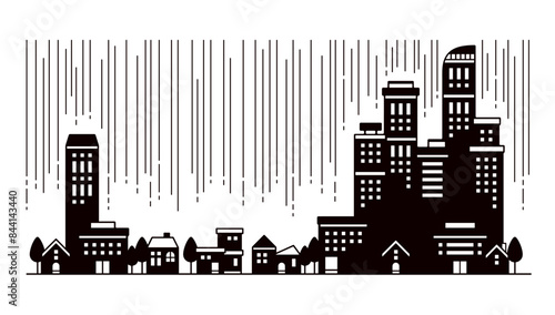 雨が降る都会の街並みのシンプルなシルエットのイラスト