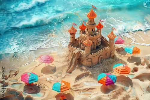 miniature beachscape with intricate sandcastle and colorful umbrellas detailed digital painting photo
