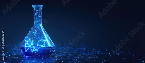Low poly science chemical flask with glowing blue liquid, future technology business medicine