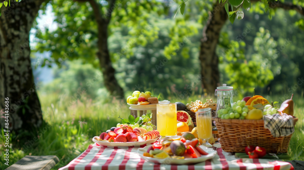 Picnic table with fresh fruits and juice outdoors Picnic table with fresh fruits and juice outdoors