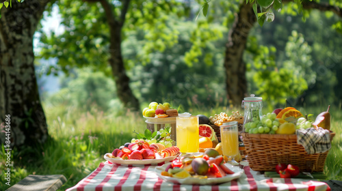 Picnic table with fresh fruits and juice outdoors