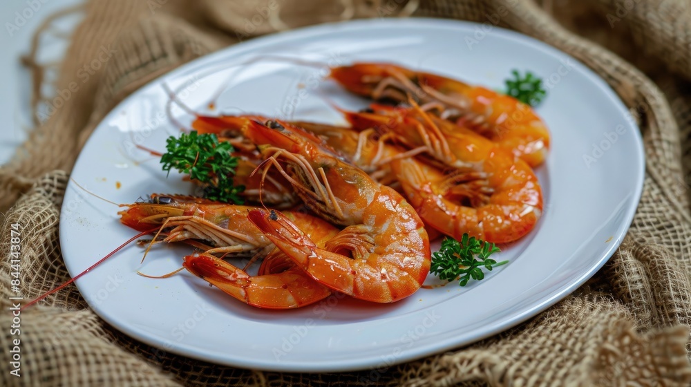 Prawns Shrimp Fried and Presented on a White Plate with a Jute Background Prawns Shrimp Fried and Presented on a White Plate with a Jute Background