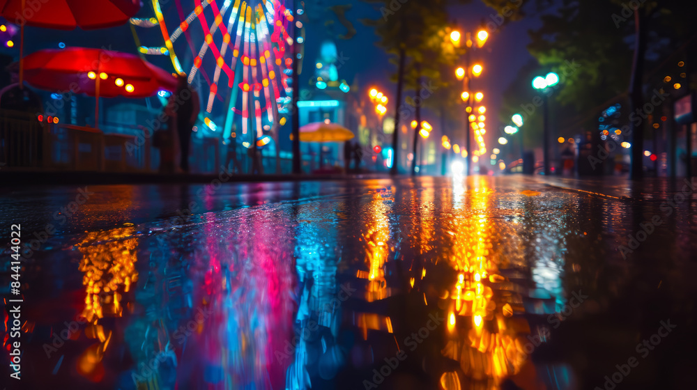 Obraz premium Blurry fair with rides on a rainy night