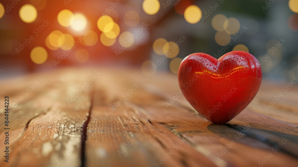 Red Toy heart on a wooden bench with blurry Bokeh Red Toy heart on a wooden bench with blurry Bokeh