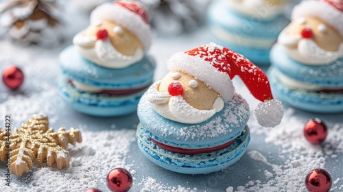 Indulge in cheery vanilla flavored blue macarons shaped like Santa and adorned with sweet candies