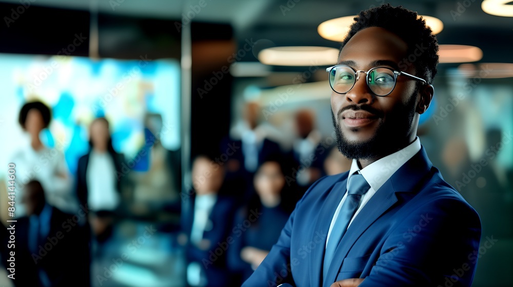 portrait of a businessman in a hall, black afroamerican man in glasses, work diversity concept portrait of a businessman in a hall, black afroamerican man in glasses, work diversity concept