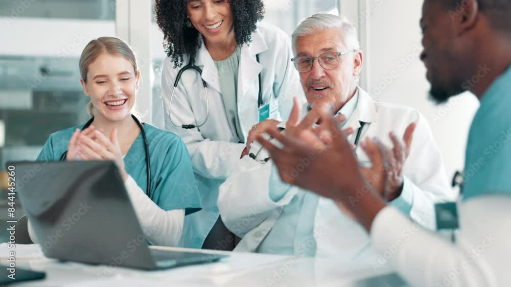 Doctor team, laptop and clapping for success in office, healthcare and medicine goals or celebration. People, boardroom and applause for medical progress in meeting, talking and excited for news Doctor team, laptop and clapping for success in office, healthcare and medicine goals or celebration. People, boardroom and applause for medical progress in meeting, talking and excited for news