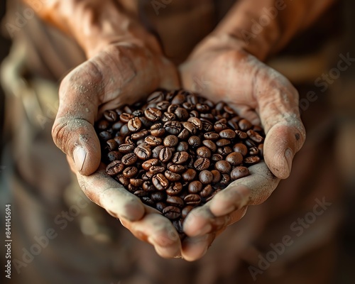 Close-up of hands holding a heap of roasted coffee beans, with a rustic backdrop photo