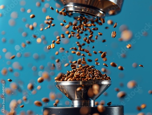 Coffee beans pouring from a scoop into a grinder, with motion blur photo