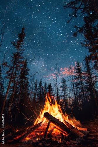 campfire surrounded by trees and starry night, northern lights, aurora, warmth. campfire with starry night in wilderness wallpaper