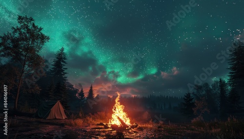 campfire surrounded by trees and starry night, northern lights, aurora, warmth. campfire with starry night in wilderness wallpaper