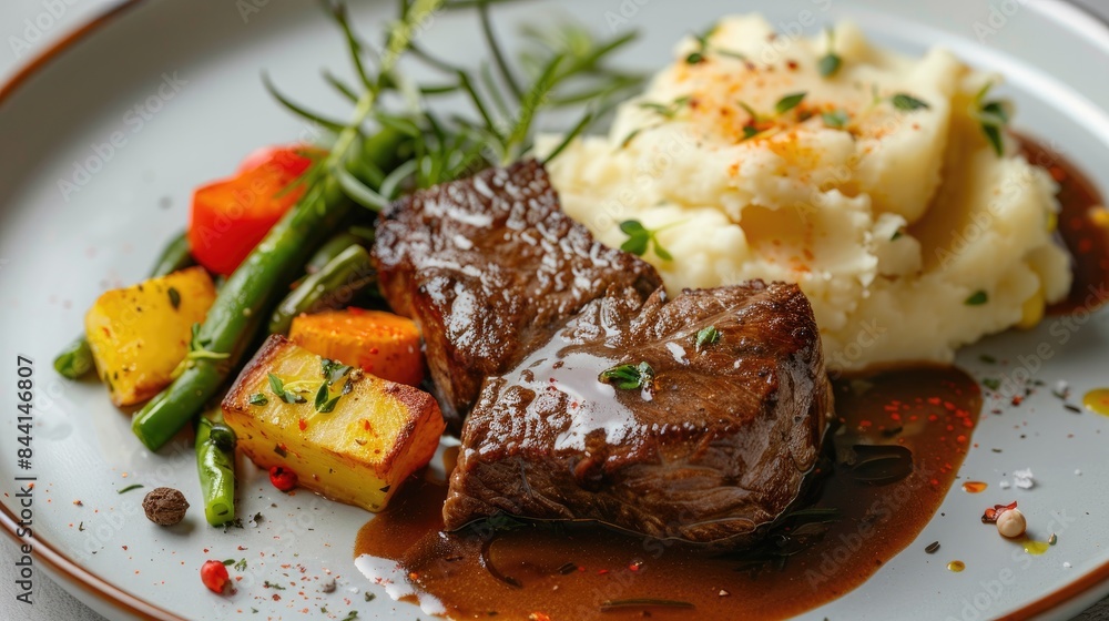 Beef served with mashed potatoes and vegetables Beef served with mashed potatoes and vegetables