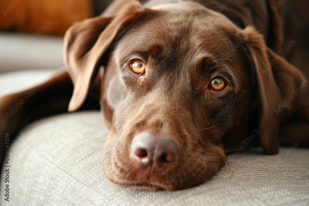A close-up photo of a brown Labrador Retriever lying on a couch, gazing with soulful eyes, showcasing its shiny fur and expressive face, capturing the essence of a loyal A close-up photo of a brown Labrador Retriever lying on a couch, gazing with soulful eyes, showcasing its shiny fur and expressive face, capturing the essence of a loyal