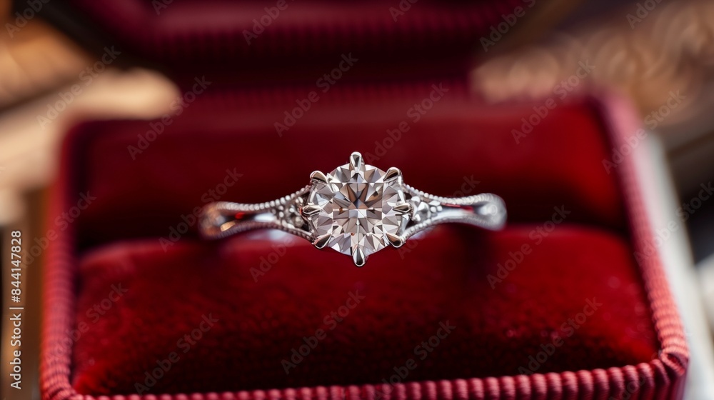 A stunning diamond ring with an intricate band, elegantly presented in a classic red velvet box A stunning diamond ring with an intricate band, elegantly presented in a classic red velvet box