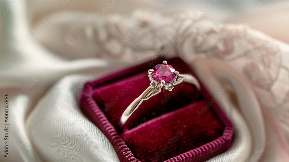 A stunning ruby ring set in a plush red velvet box, resting on a bed of soft white fabric A stunning ruby ring set in a plush red velvet box, resting on a bed of soft white fabric