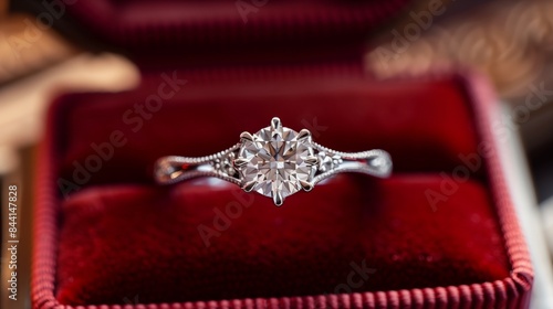 A stunning diamond ring with an intricate band, elegantly presented in a classic red velvet box