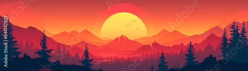 Sunset vintage style flat design front view romantic theme 3D render Splitcomplementary color scheme