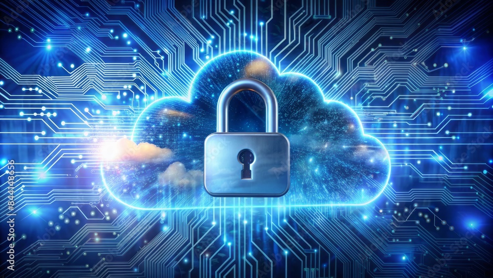 A secure cloud storage concept featuring a large padlock locked around a fluffy white cloud, surrounded by digital circuits and glowing blue circuits. A secure cloud storage concept featuring a large padlock locked around a fluffy white cloud, surrounded by digital circuits and glowing blue circuits.