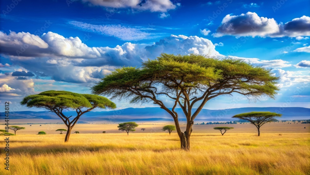 Majestic acacia trees stand tall against a vibrant blue sky, set amidst a serene savannah landscape with rolling hills in the distant background. Majestic acacia trees stand tall against a vibrant blue sky, set amidst a serene savannah landscape with rolling hills in the distant background.