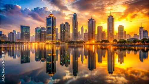 Vibrant evening cityscape with sleek skyscrapers reflected in calm waters, warm golden light illuminates towering buildings, subtle misty atmosphere shrouds urban landscape.