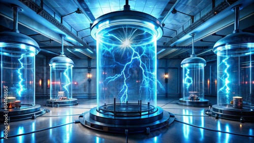 Electric arcs illuminate a futuristic laboratory chamber, as bursts of intense blue light crackle within a transparent experimental containment vessel.