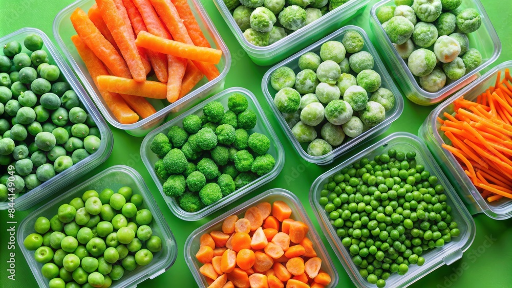 Vibrant frozen vegetables, including frosty green peas, orange carrots, and green brussels sprouts, arranged in plastic containers on a bright green background, showcasing food preservation. Vibrant frozen vegetables, including frosty green peas, orange carrots, and green brussels sprouts, arranged in plastic containers on a bright green background, showcasing food preservation.