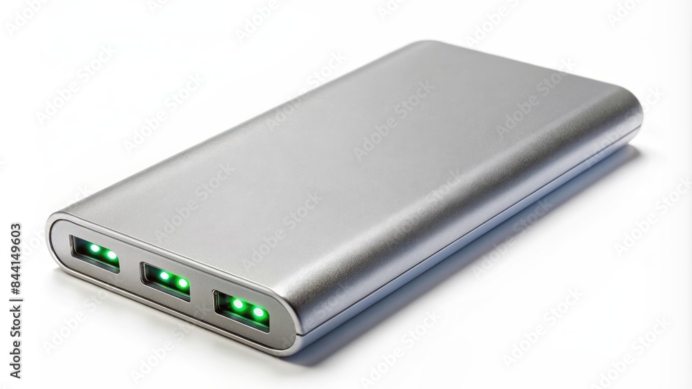 A sleek, silver portable power bank with built-in led lights, multiple usb ports, and a compact design for on-the-go charging. A sleek, silver portable power bank with built-in led lights, multiple usb ports, and a compact design for on-the-go charging.