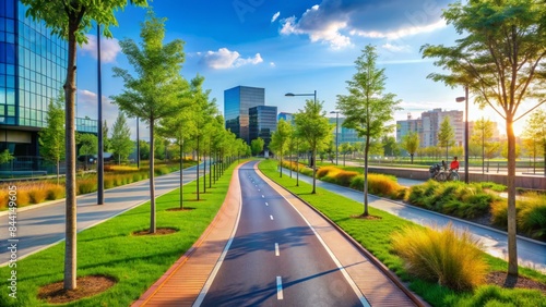 A pristine urban landscape featuring a dedicated bike lane and pedestrian path, marked by clear signage and gentle curves, inviting a sense of safety and harmony. photo