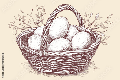 Vector art illustration easter basket with easter eggs on a white background a drawing of a basket of eggs in grass and a drawing of grass and a tree branch basket of painted  generative ai