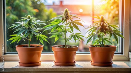 Three lush green home-grown cannabis plants with budding flowers sit in a ceramic flower pot on a sunny window sill at home. photo