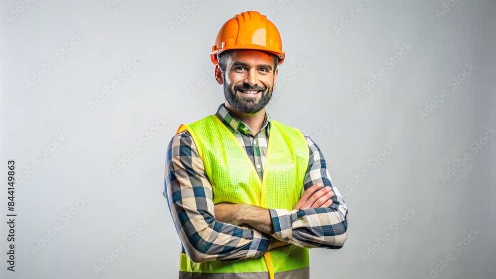 Confident construction worker in a reflective safety vest with crossed arms smiling, posing on a transparent background with a neutral tone and no other objects. Confident construction worker in a reflective safety vest with crossed arms smiling, posing on a transparent background with a neutral tone and no other objects.