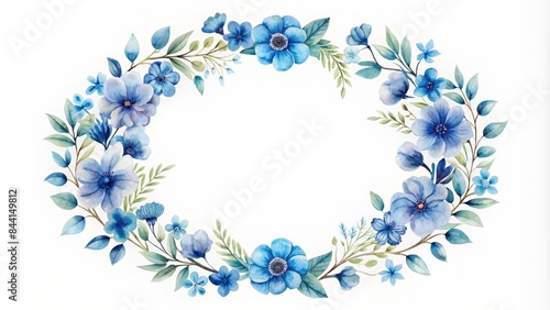 Fototapeta Naklejka Na Ścianę i Meble -  Delicate round frame adorned with a stunning watercolor floral pattern featuring a beautiful blue flower design on a crisp white background.