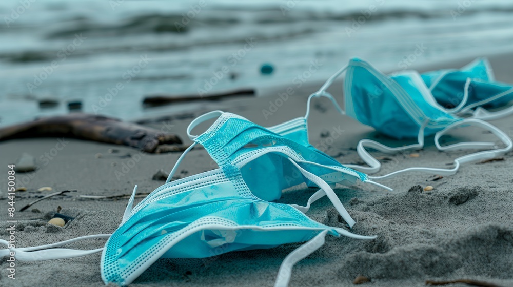 Masks and gloves on the beach: Photo of a beach littered with disposable masks and gloves, causing a new environmental problem related to the COVID-19 pandemic. Masks and gloves on the beach: Photo of a beach littered with disposable masks and gloves, causing a new environmental problem related to the COVID-19 pandemic.