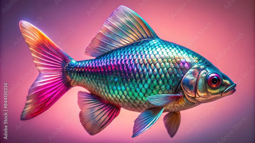 Vibrant iridescent fish with shimmering scales posing isolated on a soft pink studio background, highlighting its radiant colors and majestic fins. Vibrant iridescent fish with shimmering scales posing isolated on a soft pink studio background, highlighting its radiant colors and majestic fins.