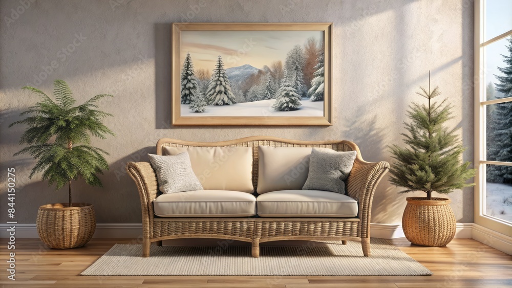 Cozy wicker love seat with matching planters against a cream-colored wall adorned with a winter scene art frame, evoking warmth in a modern interior setting. Cozy wicker love seat with matching planters against a cream-colored wall adorned with a winter scene art frame, evoking warmth in a modern interior setting.