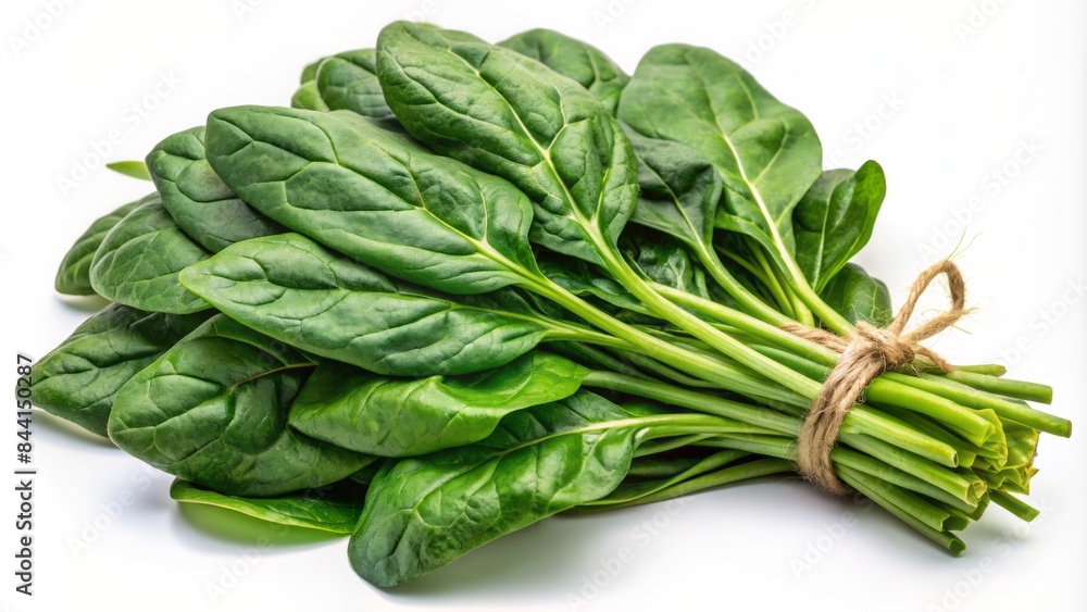 Fresh crisp spinach leaves bundled together in a neat bunch, isolated on a transparent and white background, viewed from directly above. Fresh crisp spinach leaves bundled together in a neat bunch, isolated on a transparent and white background, viewed from directly above.