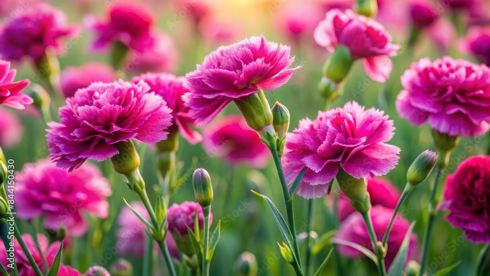 Vibrant pink carnations sway gently in a lush, whimsical field, their delicate petals unfolding like tender silk, set against a crisp, isolated transparent background. Vibrant pink carnations sway gently in a lush, whimsical field, their delicate petals unfolding like tender silk, set against a crisp, isolated transparent background.