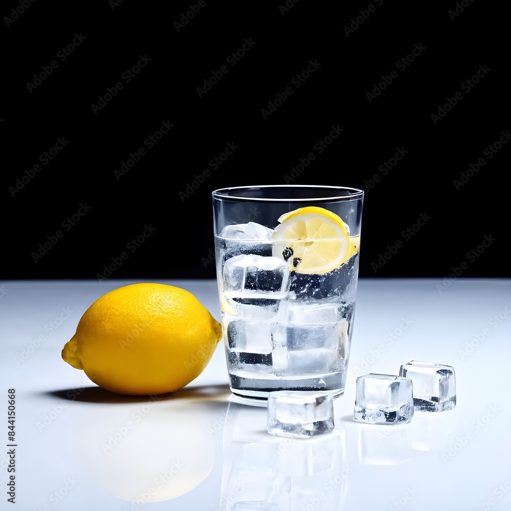 Minimalist beverage glass with ice cubes and lemon photography Minimalist beverage glass with ice cubes and lemon photography